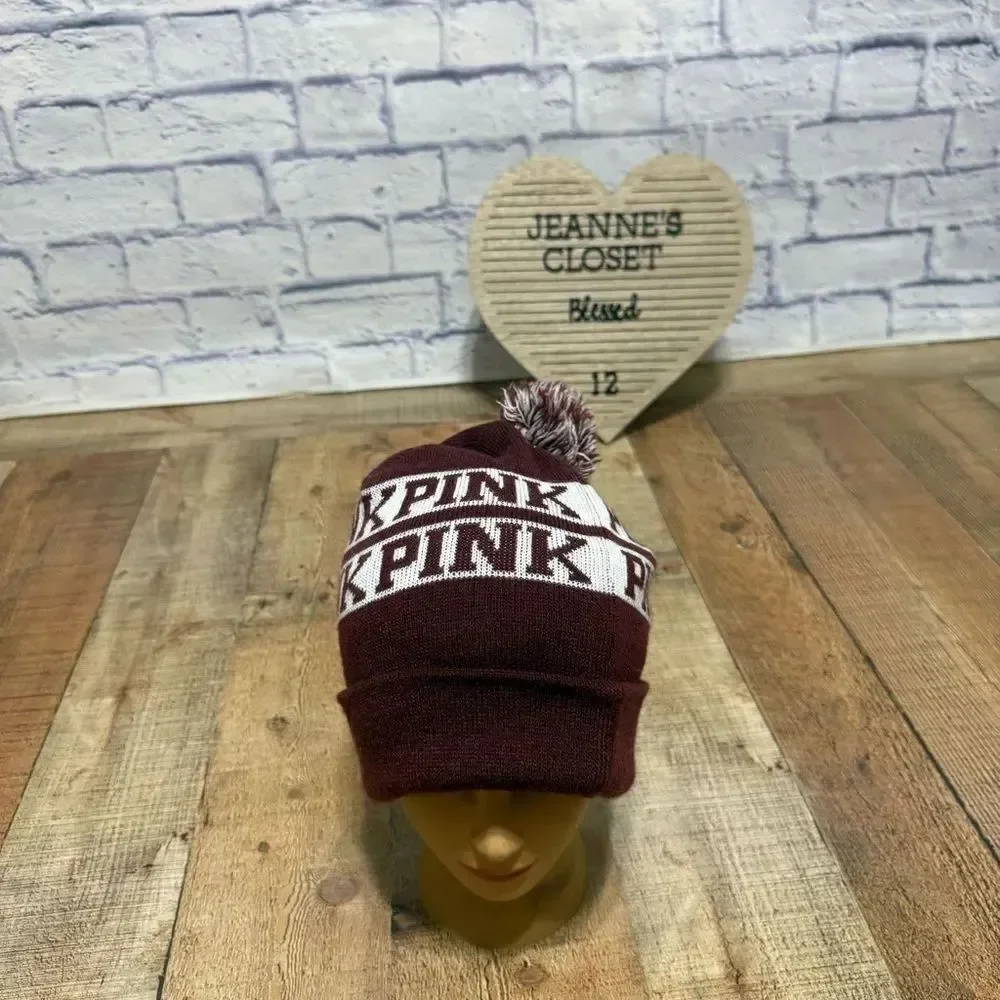 Victoria’s Secret PINK Beanie Pompom Hat Maroon Holiday Wine
